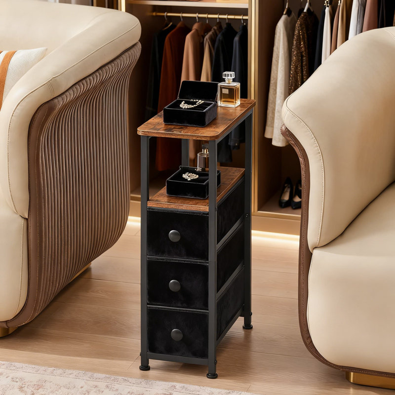 Table de bout étroite avec 3 tiroirs en tissu, table de chevet mince et petite table de chevet avec rangement pour le salon et la chambre à coucher