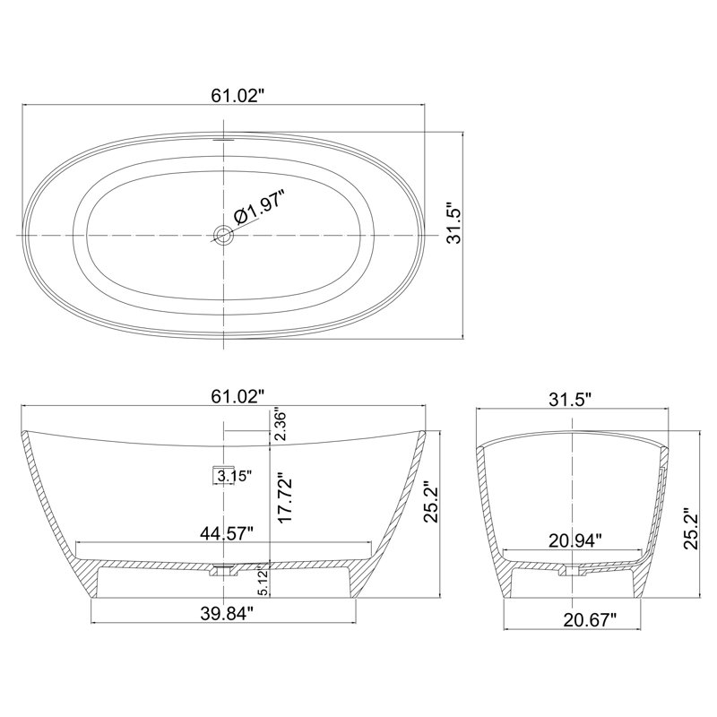 Baignoire autoportante ovale de 61 pouces à surface solide grise et brune, Matte Coffee