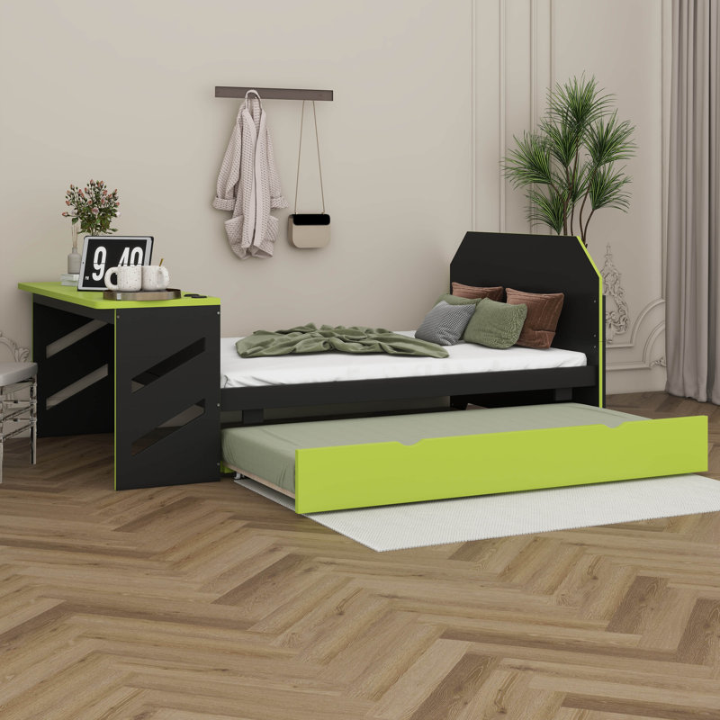 Full Size Wood Daybed With  Trundle, Built-In Desk, USB Charging Ports, Gaming Style Multifunctional Bed For Teens, Green