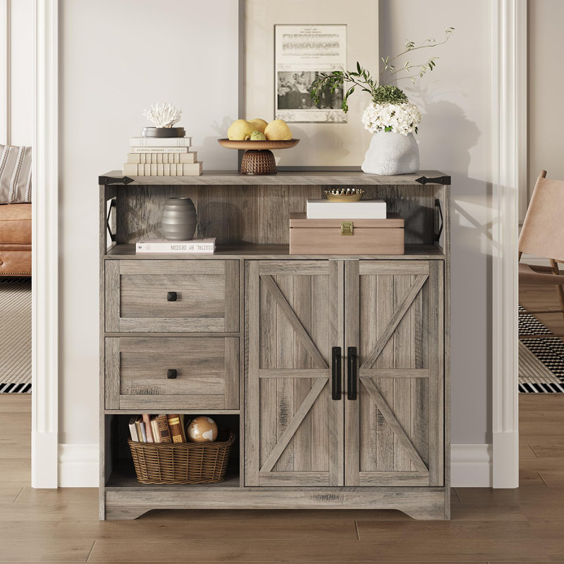 Farmhouse Storage Cabinet With Drawers And Open Storage, Gray