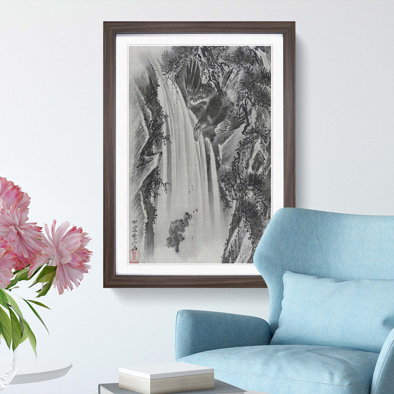 Eagle & Monkey by a Waterfall by Kawanabe Kyosai - Picture Frame Painting Print, 48cm H x 36cm W x 2cm D, Walnut Framed
