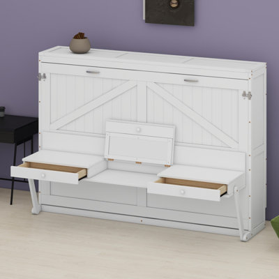 Lit escamotable avec rangement, armoire-lit pliable avec coiffeuse, miroir central et 2 tiroirs latéraux