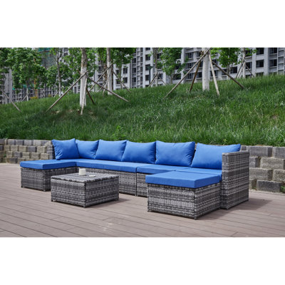 Comfortable Patio With Cushions - Transform Your Outdoor Living Space. Powder-Coated Steel Frame. Handwoven All-Weather In Grey Blend. Water- Blue And Cushion Fabrics. Ideal For Backyard, Patio,
