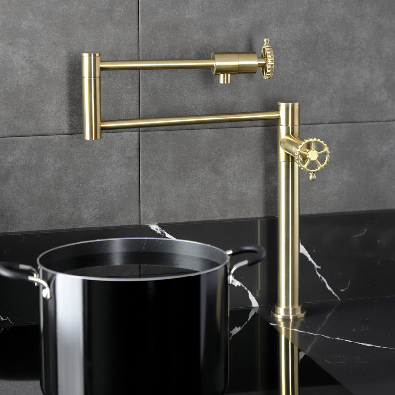 Kingston Brass Fuller Two-Handle 1-Hole Deck Mount Pot Filler Faucet, Brushed Brass