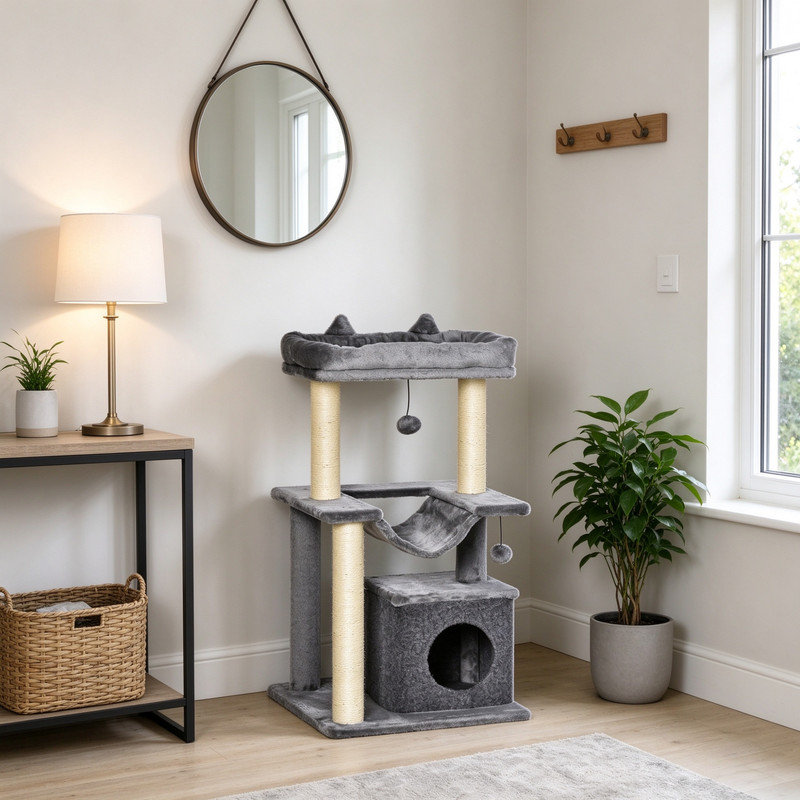90cm Cat Tower with Sisal Scratching Posts, Cat Condo, Hammock, Top Perch & 2 Hanging Toys, Grey Cat Tree
