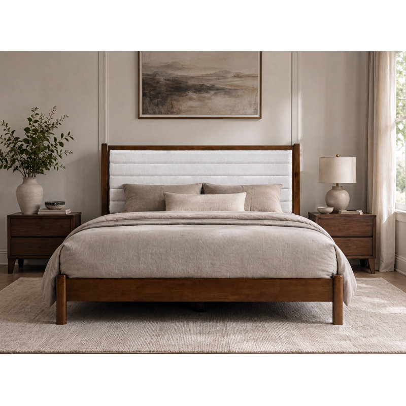Evelyn Solid Wood Boucle Upholstered Headboard Bed Frame - Queen Size, Walnut/Cream White Boucle