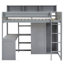 Lit mezzanine simple en bois avec plusieurs tablettes de rangement et garde-robe, gris-345470860
