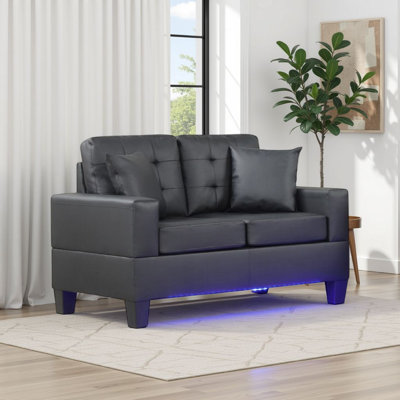Iris Loveseat W 2 Pillows, LED, USB Ports, Black Faux Leather, 56 Inch