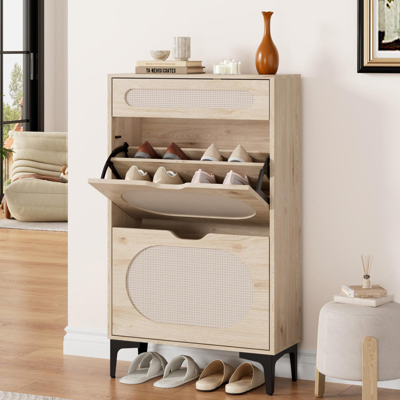 Armoire à chaussures en rotin avec 2 tiroirs rabattables et tiroir coulissant, rangement pour chaussures autoportant avec tablette réglable