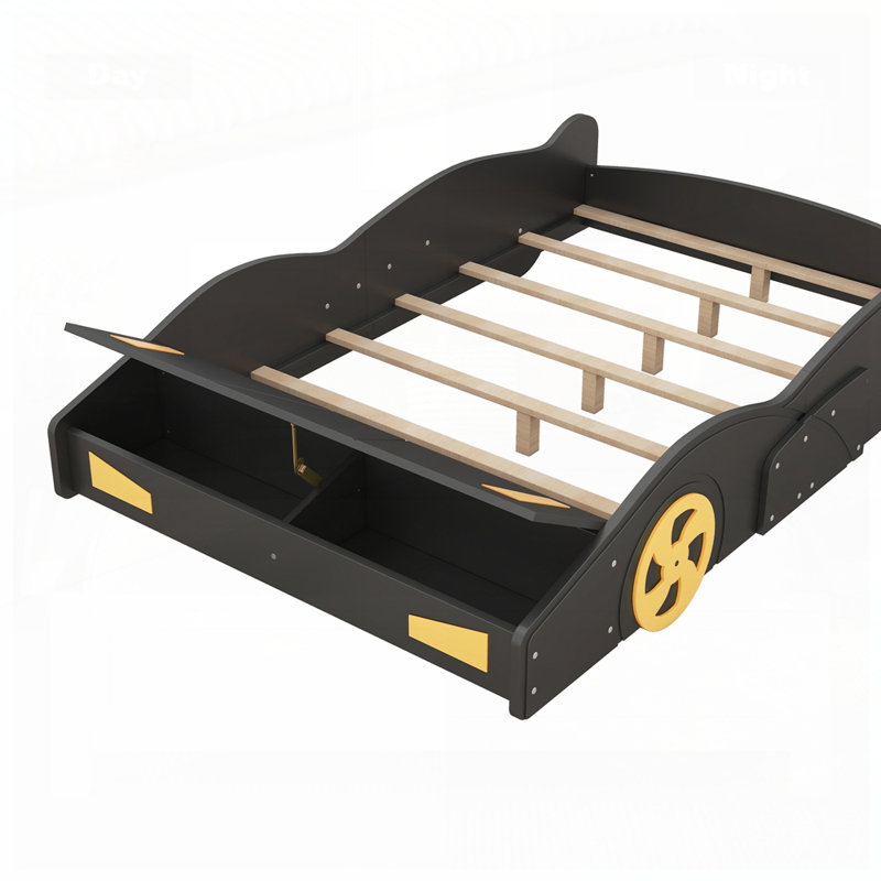 Race Car-Shaped Platform Bed With Wheels And Storage, Black, Full