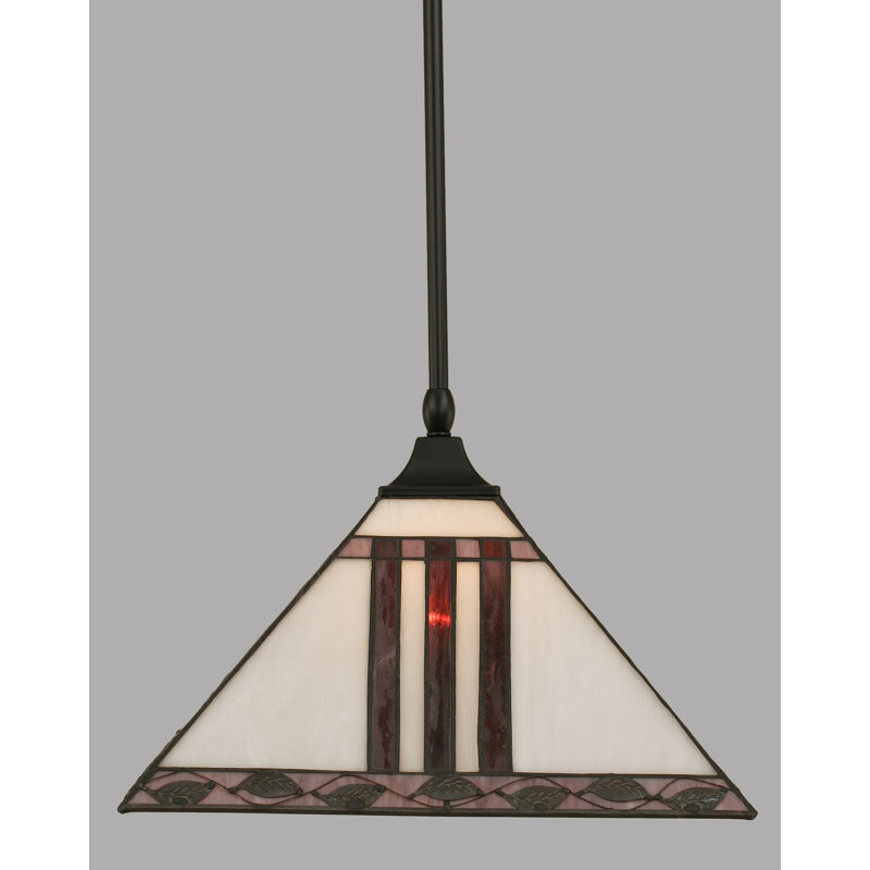 Stem Hung Pendant Square Fitter With 14" Purple & Metal Leaf Art Glass, Matte Black, Purple