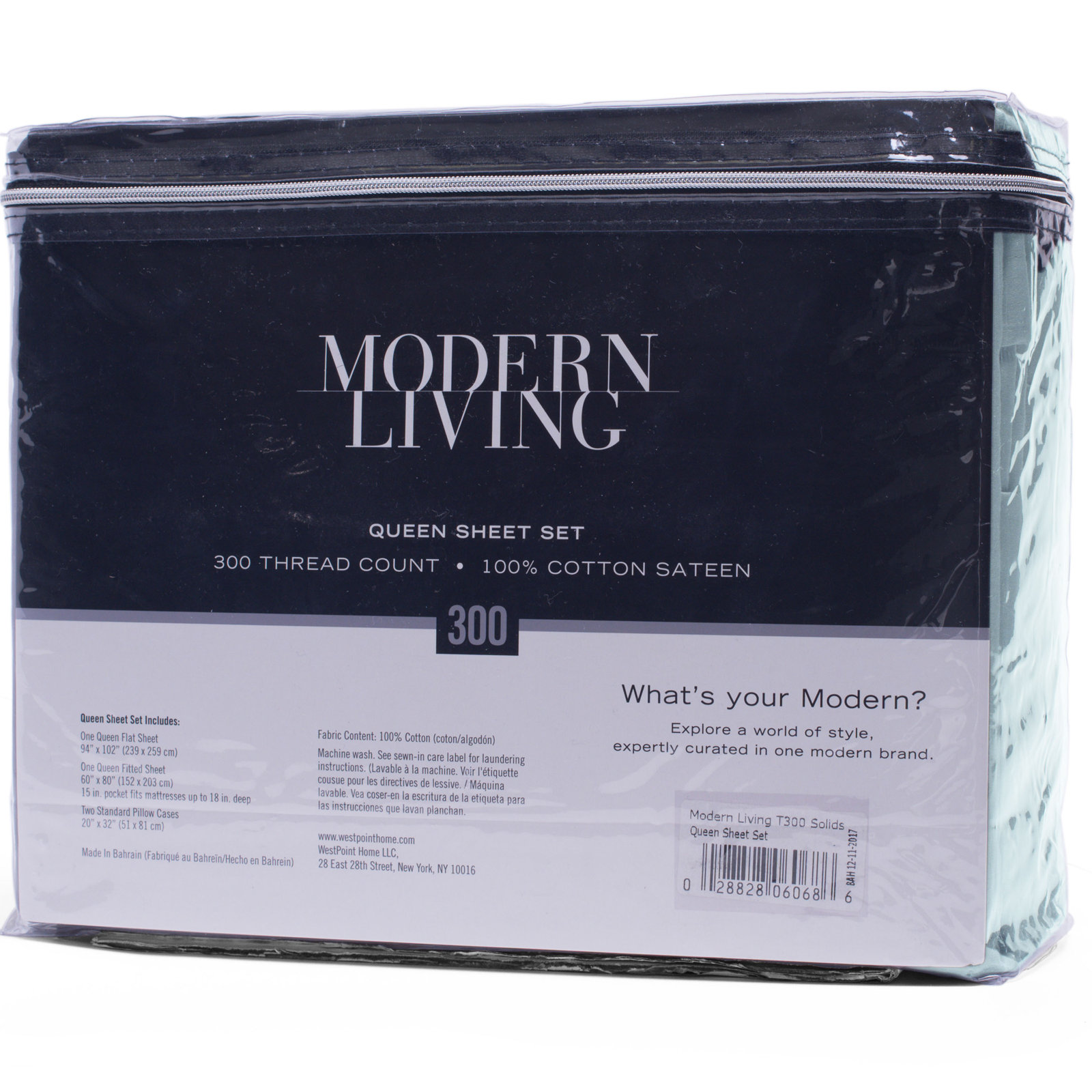 Modern Living 300 Thread Count 100% Cotton Sateen Sheet Set, Queen Flat Sheet + 1 Fitted Sheet + 2 Pillowcases, Soft Aqua