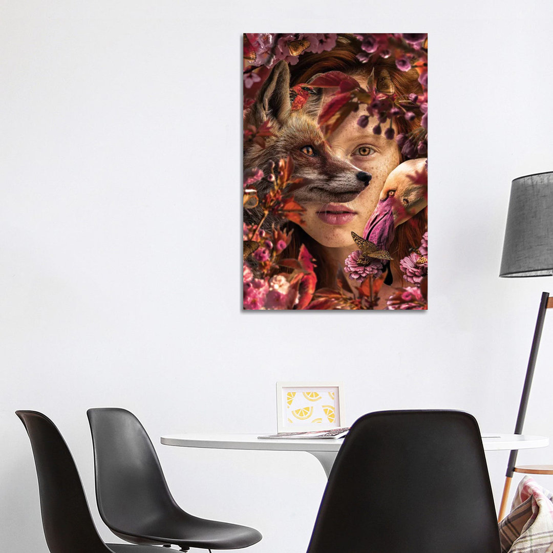 Frau zwischen Blumen mit Fuchs von Adrian Vieriu - Galerieverpackte Leinwand Giclée auf Leinwand