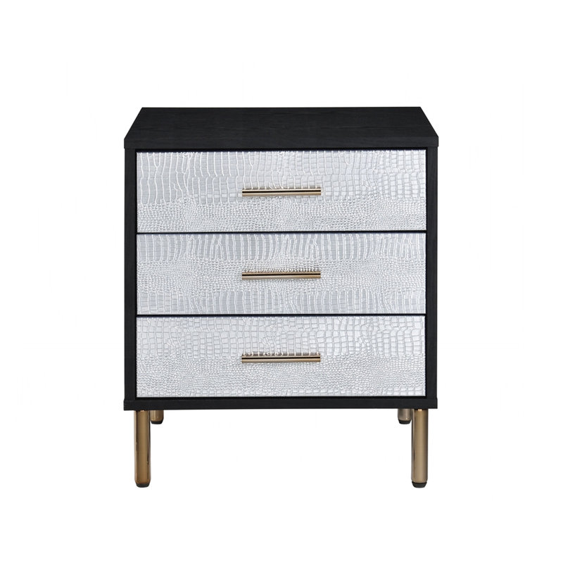 Table de chevet 3 tiroirs avec pieds en métal et façade tendance pour chambre or