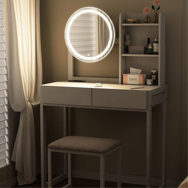 Small Vanity Table With Touch - Controlled Led Mirror, 3 Lighting Modes, Power Outlet, Drawer And Stool Bedroom Mirror In Spacious Open Storage Shelves