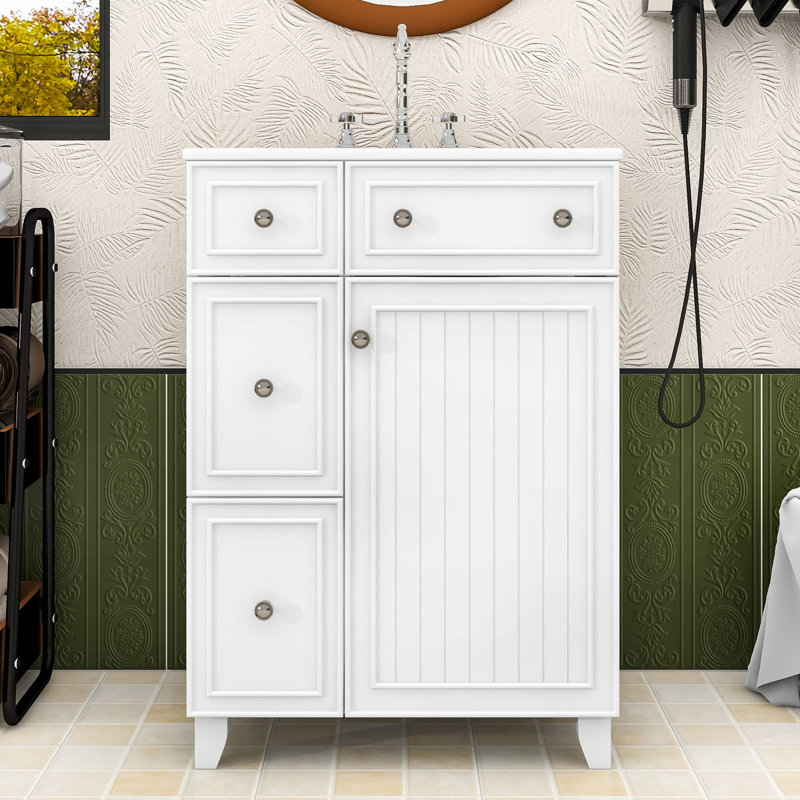 Meuble-lavabo simple autoportant avec deux tiroirs de rangement et lavabo en céramique Olguin, Blanc