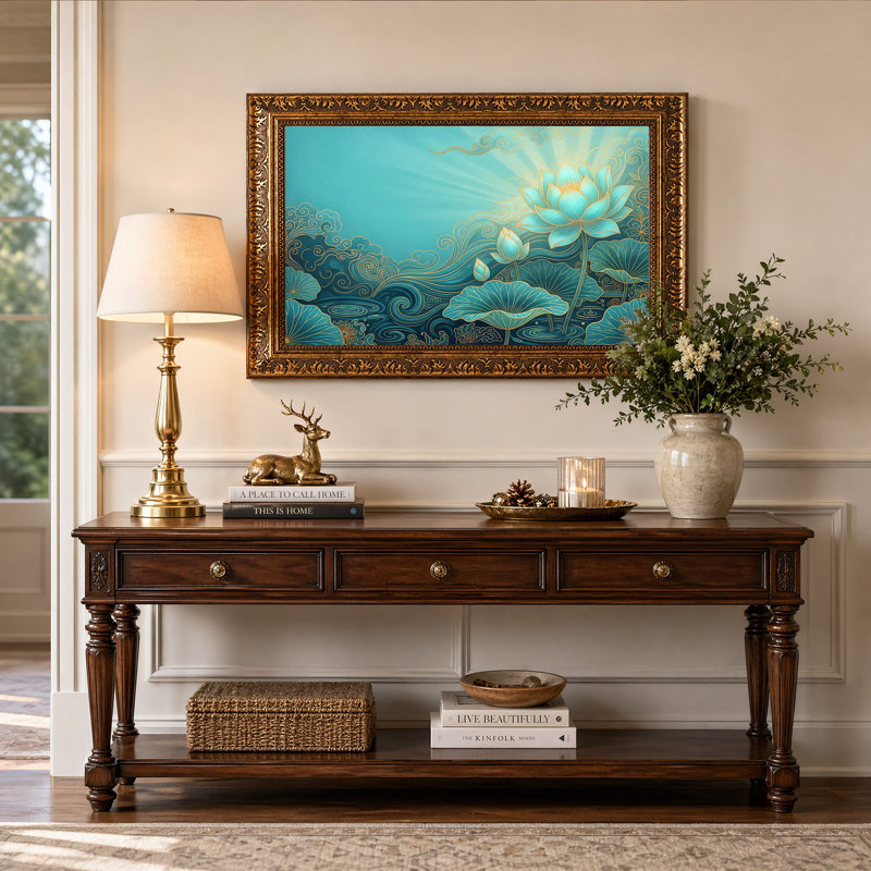 Toile de lotus bleu sarcelle avec tourbillons dorés, art mural, 12"H x 18"W