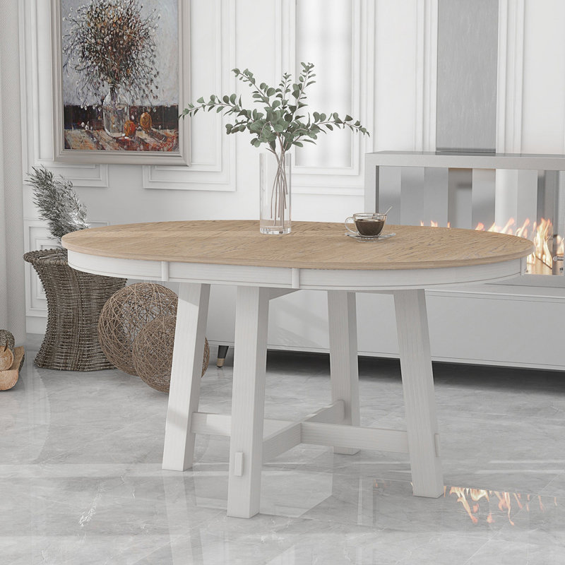 Table de salle à manger extensible Farmhouse, Blanc antique / bois de chêne naturel