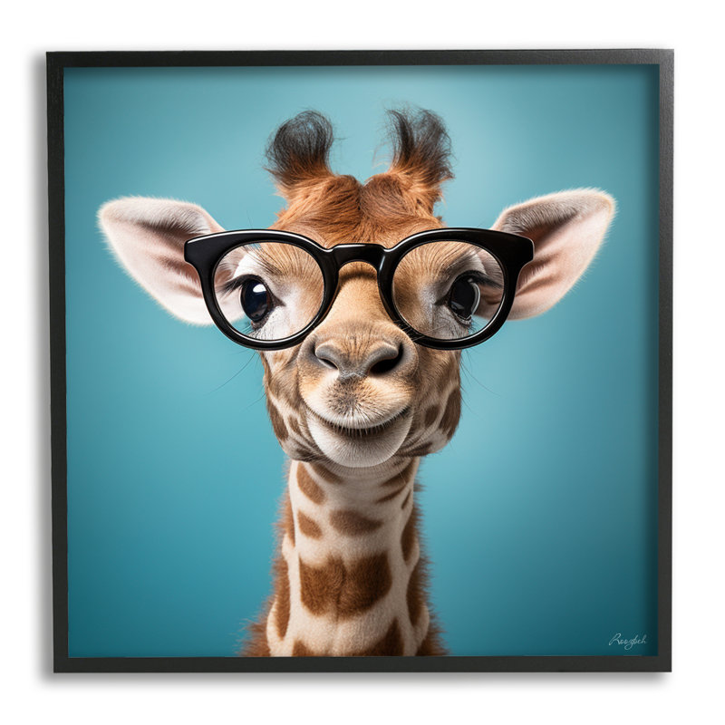 Girafe avec des lunettes sur bois, Giclée encadrée noir minuit, H 24 po x l 24 po x P 1,5 po