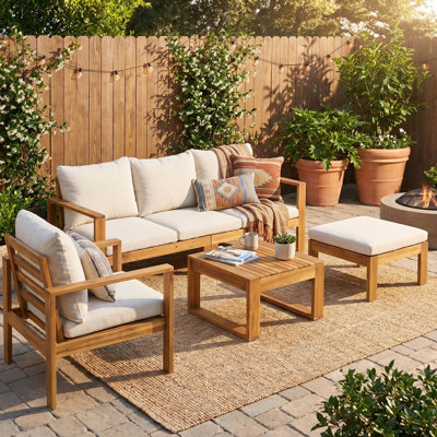 4 Pieces Acacia Wood Furniture Set, Patio Conversation Sofa Chat Set with Coffee Table and Ottoman, Outdoor Sectional Sofa Set for Backyard Balcony