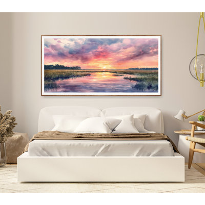 Pink Watercolor Marsh Sunset, Landscape Painting, Carolina Lowcountry, Farmhouse Decor