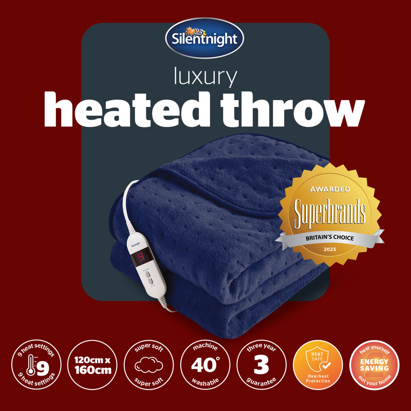 Silentnight Comfort Control Heated Throw Super-soft with 9 Settings Over Blanket, Navy