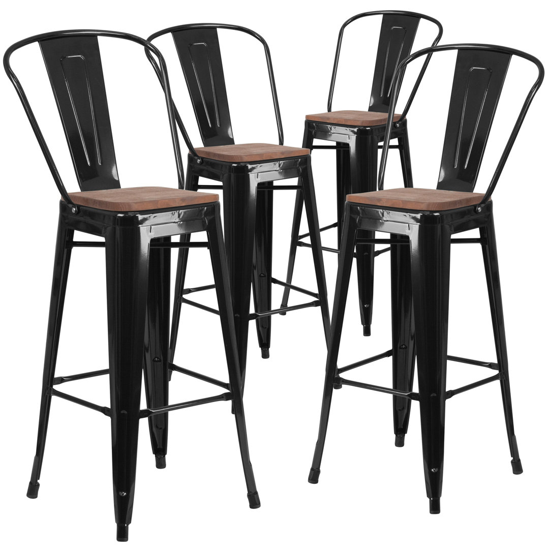 Margherite Modern Bistro Metal Dining Stool with Curved Vertical Slat Back and Wood Seat (Set of 4) Williston Forge 