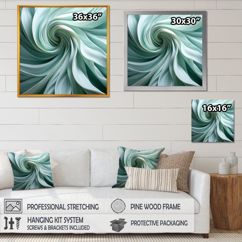 «Green Soft Fractal Spirals III - Abstract Spirals», art mural, H 30 po x l 30 po x P 1,5 po, Cadre flottant doré