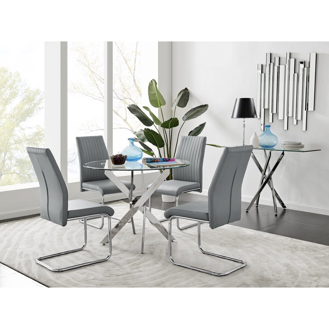 Tierra Sleek Metal and Glass Round Dining Table Set with 4 Faux Leather Upholstered Dining Chairs East Urban Home Chair 