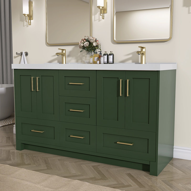 Armoire de salle de bain autoportante en bois massif 60 po x 36 po avec tiroir en queue d'aronde et porte à fermeture en douceur (assemblé)