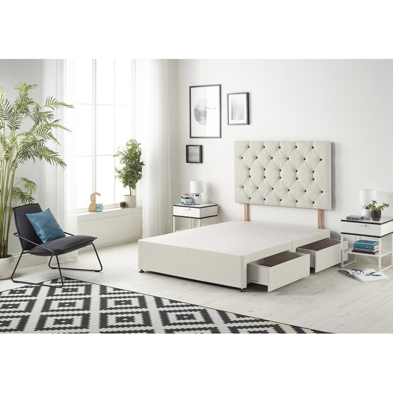 Sealcove Etheral Velvet Divan Bed Base with 32" Upholstered Headboard, Double (4'6), Ivory, 2 Drawers