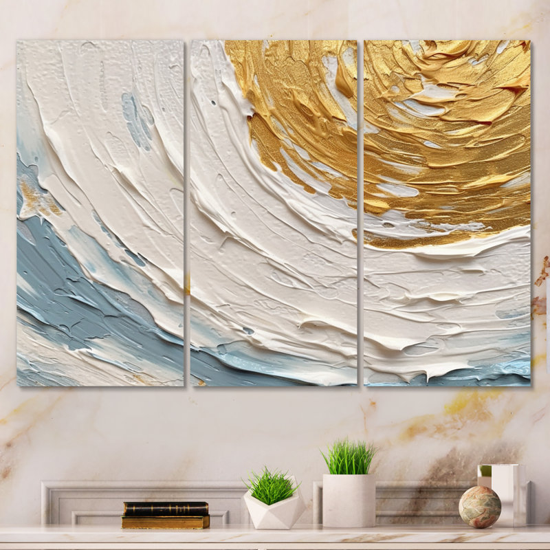 «Gold and Blue Vibrant Spirals II» sur toile, 3 pièces, H 40 po x l 60 po x P 1 po