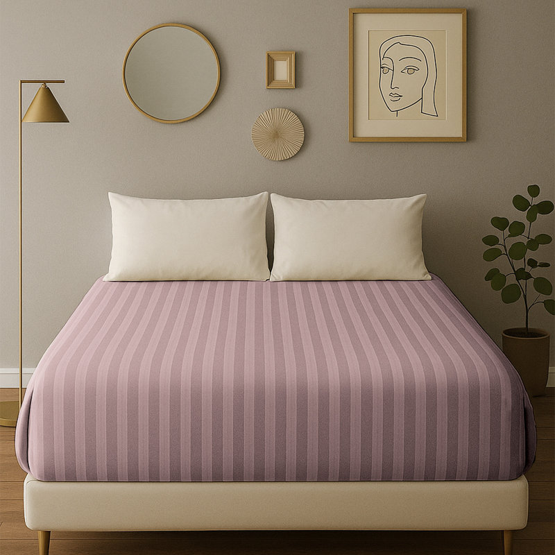 40cm Deep Pocket Microfiber Stripe Fitted Sheet, Pink, Double (4'6)