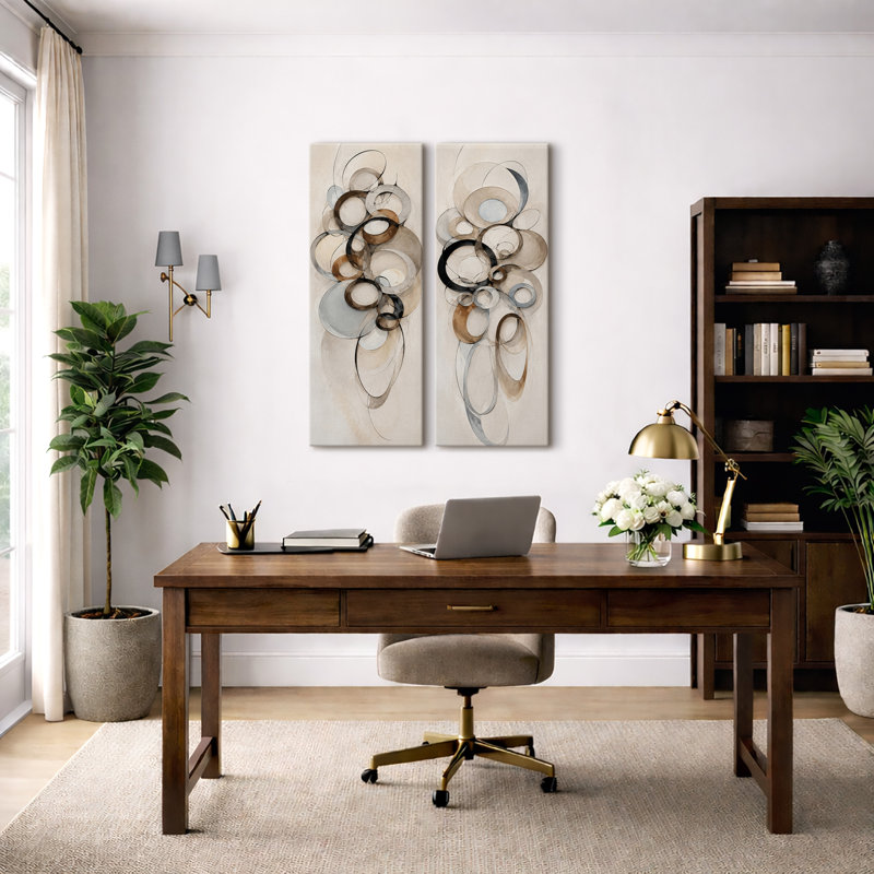 Ensemble de 2 impressions sur toile abstraites à cercles superposés beige neutre – 81 x 30 x 5 cm, H 32 po x l 12 po
