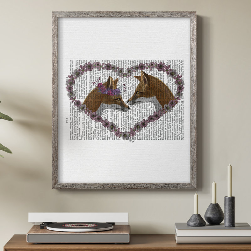 Renards en fleurs, reproduction encadrée - bois massif, H 30 po x l 24 po