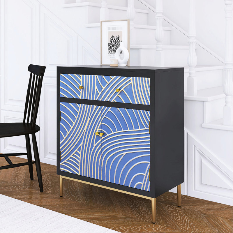 Armoire de rangement pour salle de bain 2 portes, 1 tiroir - noir + bleu avec tablette de rangement laquée à finition réglable