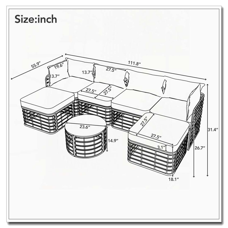 Ensemble de canapé modulaire d'extérieur en osier 7 pièces avec 6 sièges