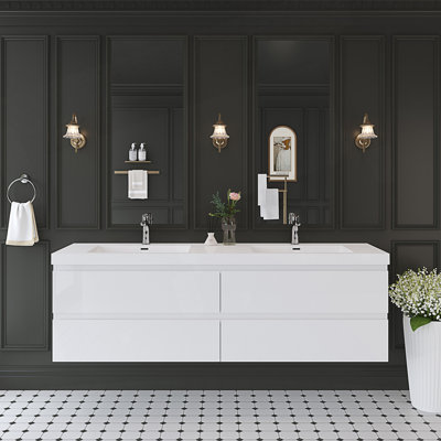 Meuble-lavabo mural flottant avec deux lavabos, meuble-lavabo mural de style moderne avec quatre tiroirs à fermeture en douceur