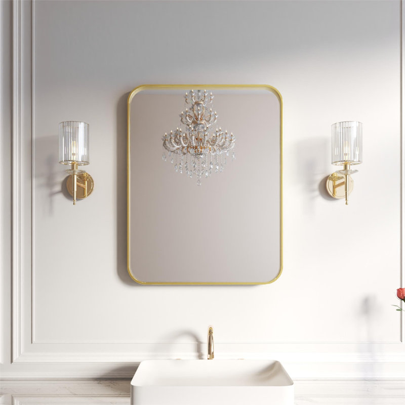 Élégant miroir encadré en aluminium avec coin arrondi pour une décoration intérieure élégante, Or brossé, Rectangulaire
