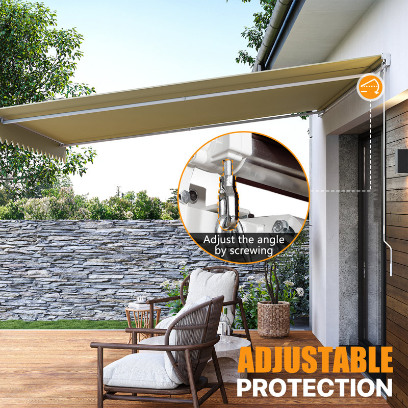 13x10FT Manual Retractable Awning, Full Opening Hand Crank Patio Canopy, Beige, Beige