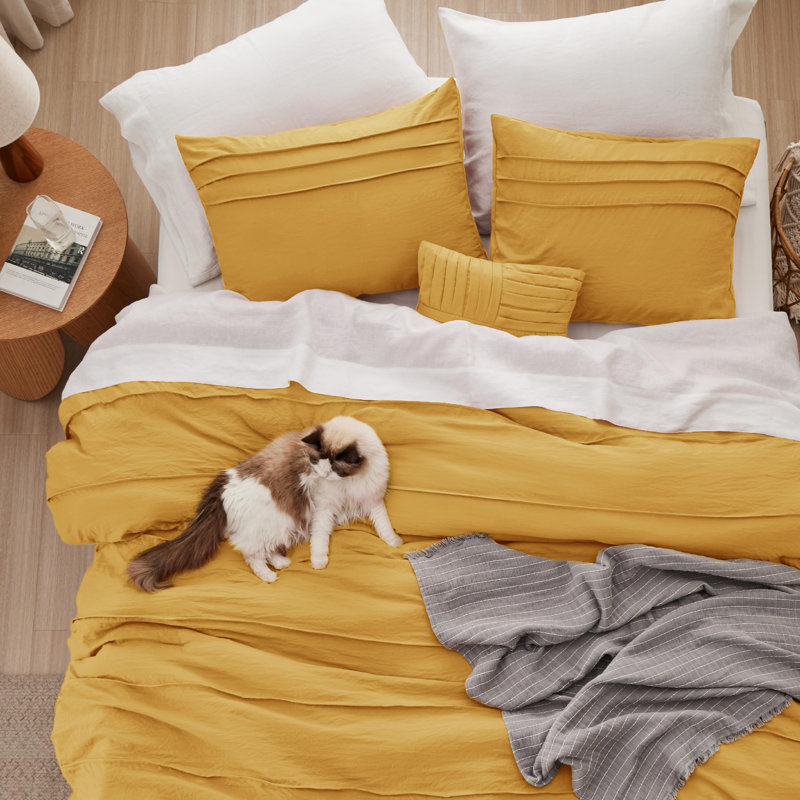 Bedsure Prewashed Microfiber Pinch Pleat Comforter Set, Mustard Yellow, Cal King Comforter + 3 Additional Pieces