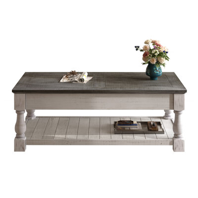 Table basse à plateau relevable avec tablette fixe, plateau de table en bois massif, 3 plateaux de rangement cachés, table à deux niveaux gris antique et blanc vieilli pour le salon