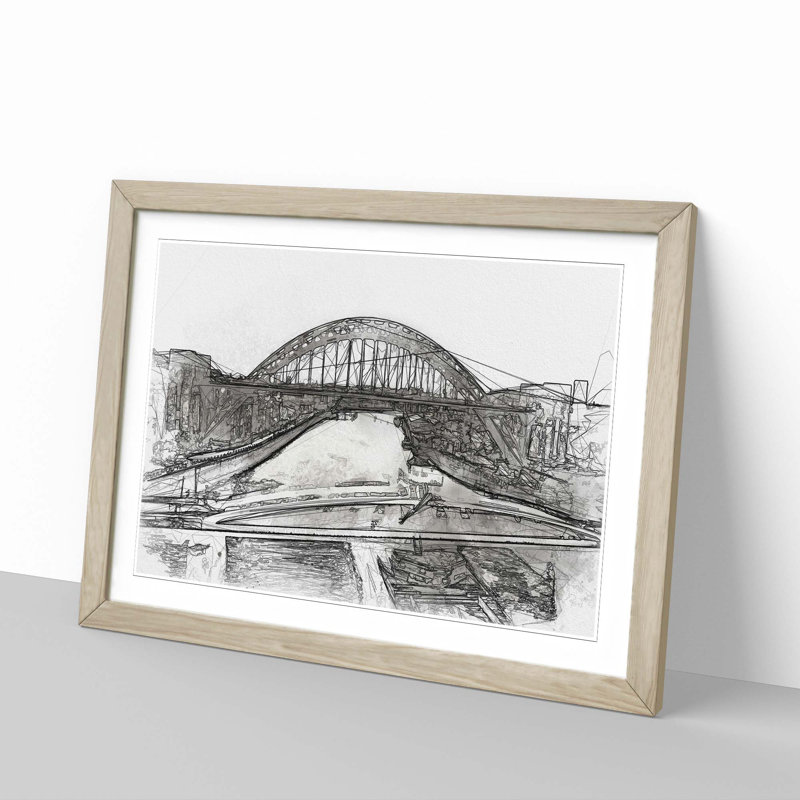 Tyne Bridge Linking Newcastle in Abstract - Picture Frame Graphic Art Print, 62cm H x 87cm W x 2cm D, Oak Framed