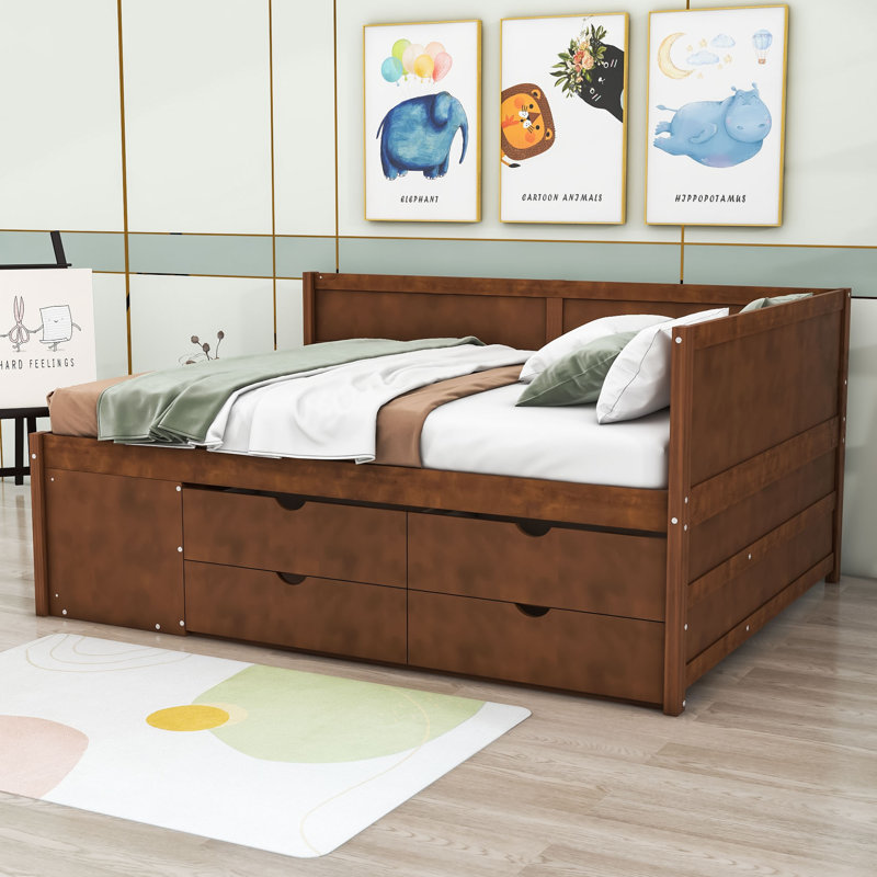 Kouta Wood Daybed with Drawers and Shelves, Walnut, Full/Double