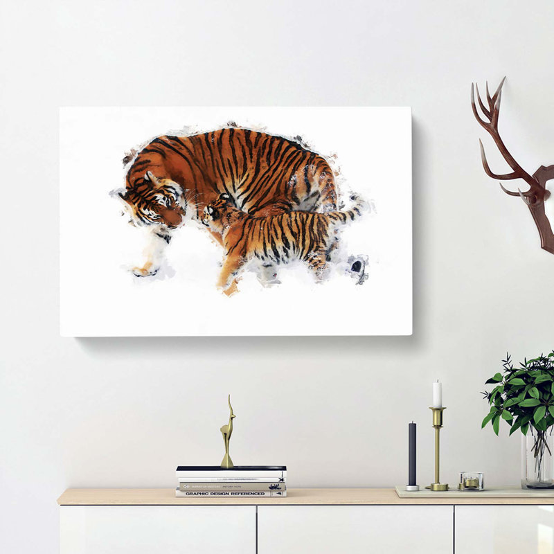 Mother Tiger & Cub In Winter In Abstract - Wrapped Canvas, 50cm H x 76cm W x 3cm D
