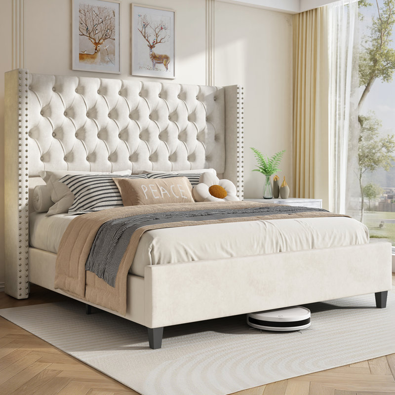 Dillwyn Upholstered Wingback Bed, Cream, King