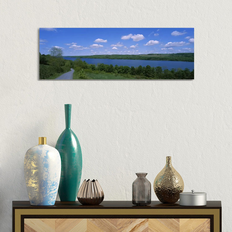 Road Near A Lake, Owasco Lake, Finger Lakes Region, New York State, USA - Wrapped Canvas Panoramic Print