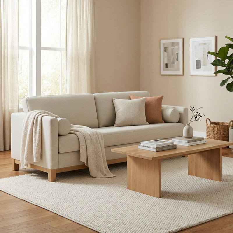 Ilene 84" Upholstered Sofa with Natural Wood Base, Effie Linen Performance Basketweave