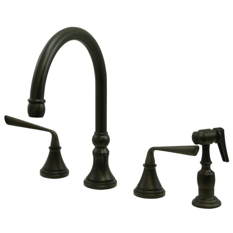 Robinet de cuisine à poignée double Kingston, Bronze huilé, Avec douchette latérale