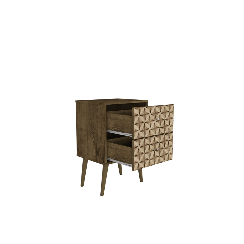 Liberty 18" W Mid-Century Modern 2-Drawer Nightstand in Rustic Brown and Natural, Rustic Brown/3D Brown Print